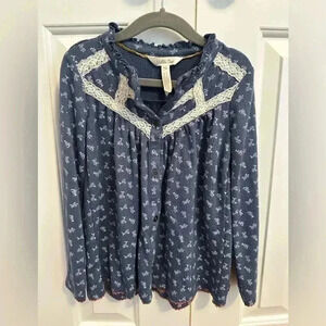Matilda Jane JEMMA Peasant Top Girls 6 Blue Boho Floral Crochet Blouse